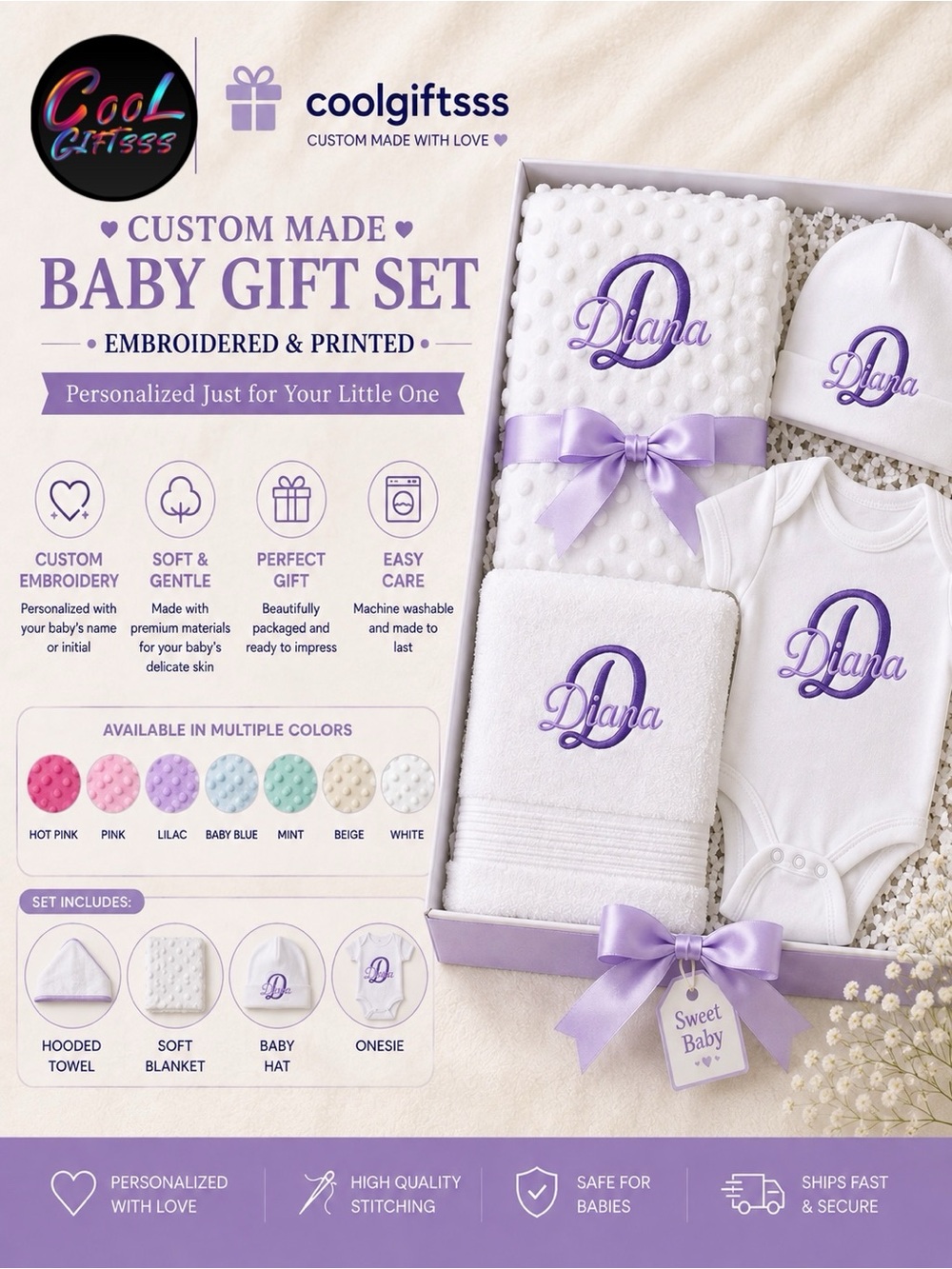Custom Baby Gift Set - Custom made Towel, blanket, onesie, hat New personalized